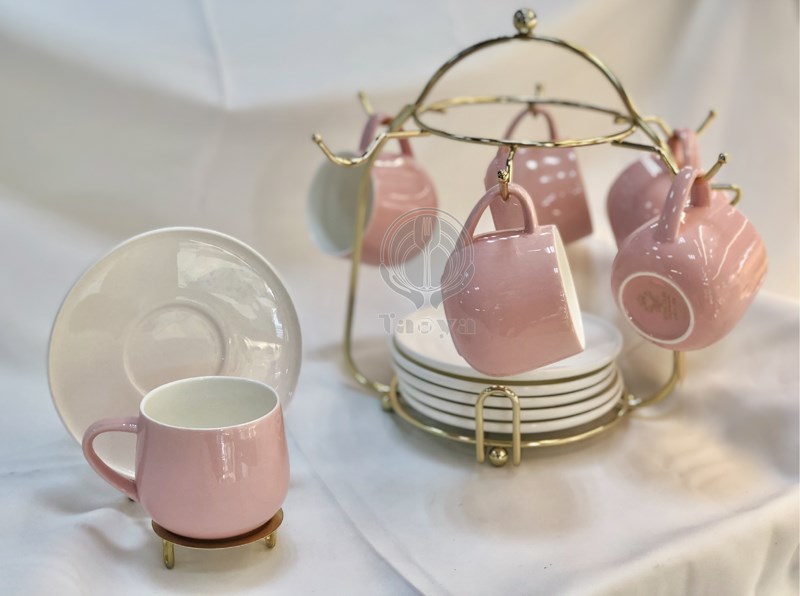 純淨粉色6入咖啡杯盤組+架